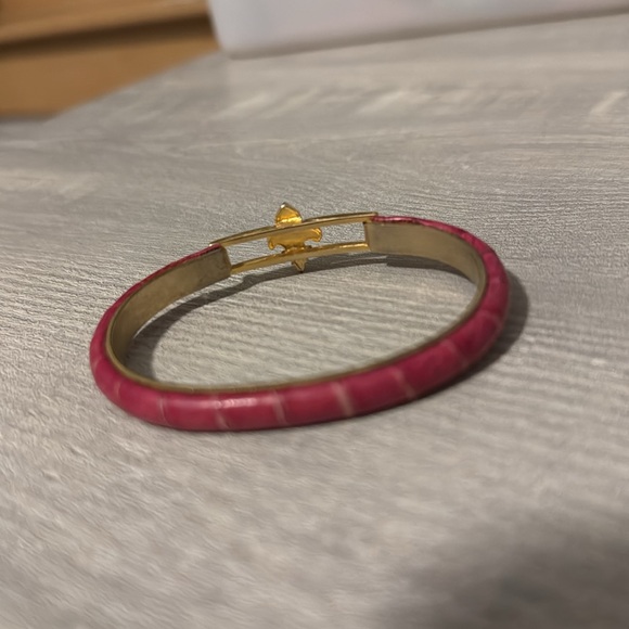 Vtg 24k Gold Plated Italy Purple Python pink Leather Lily Hook Bracelet - Picture 9 of 10